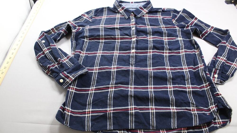 Tommy Hilfiger Womens Tunic Shirt L Blue Plaid Long Sleeve